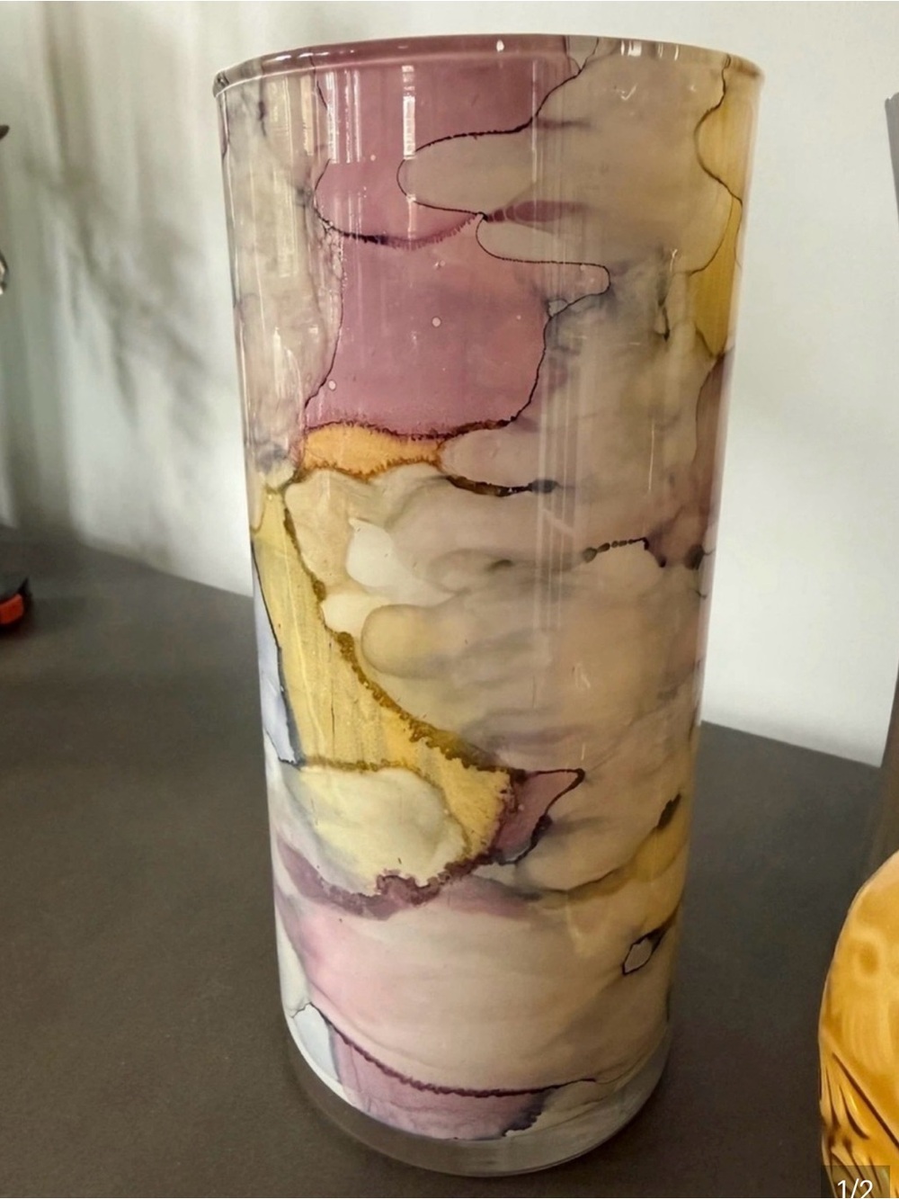 Hand-Painted Art Glass Vase in Mauve, Gold & Cream